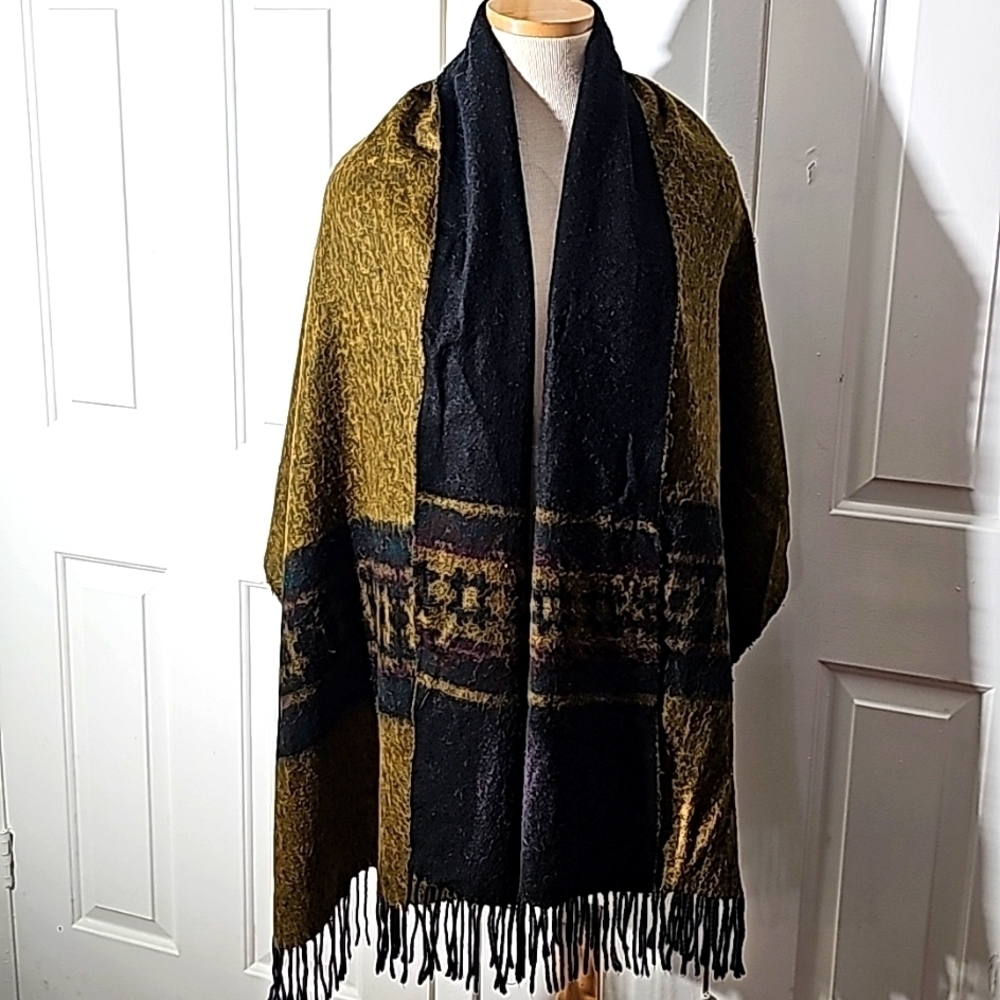 Large scarf made in Italy. Dark colors.Blue, purple, gold. 27" X 75" plus fringe